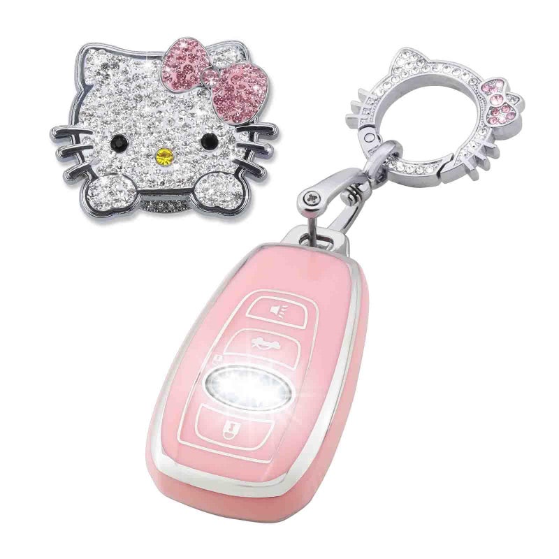 Pangpai Pink Car Accessories 3 Pcs for subaru Ascent BRZ Crosstrek Forester Impreza Legacy Outback WRX STI Key Fob Cover with Bling Keychain Cute Push to Start Button Cover - Image 1